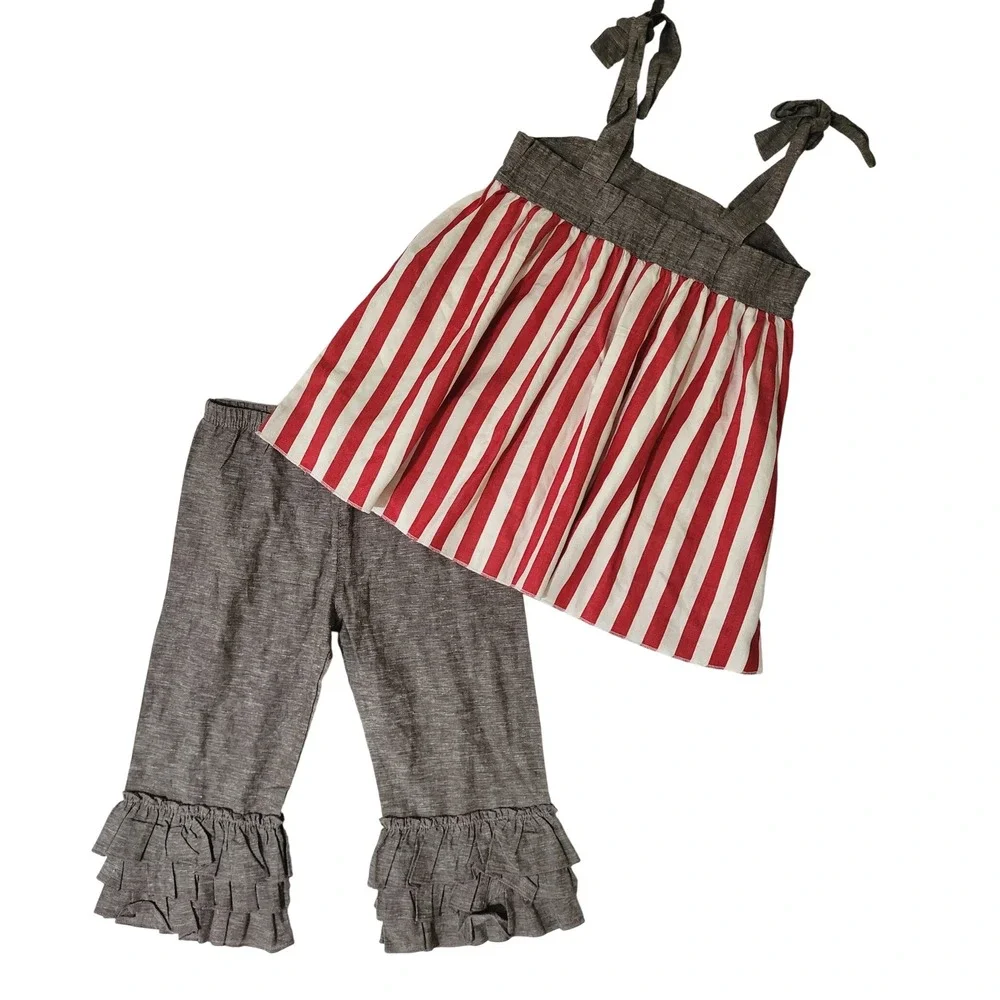 Adorable‎ Essentials Girls 8T Outfit Set Red Striped Top Ruffle Pants Coastal